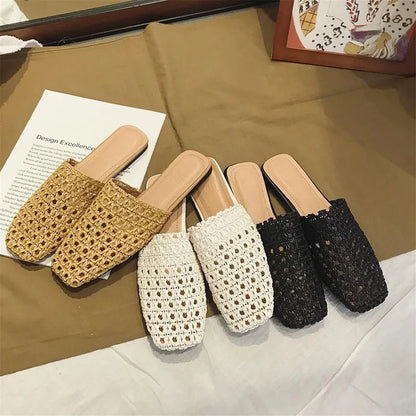 Shoes Slippers Soft Slides Slipers Cover Toe Low Loafers Fretwork Heels Comfort Flat Basic Fabric Rubber Cane Pu