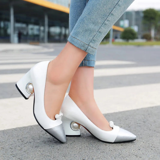 Pumps Designer Pearl High Heels Patchwork Pointed Toe Party Fall Shoes New White Red Large Size 45