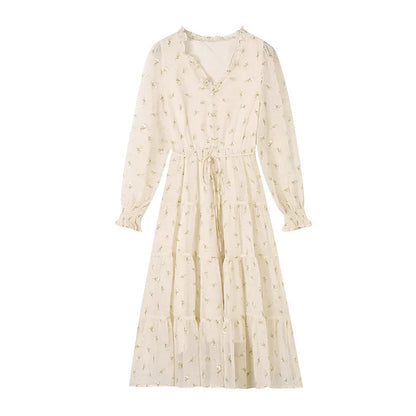 Lace Dress Chiffon Gentle Korean French Vneck Retro Niche Dresses Temperamen Spring Autumn Midi Dress