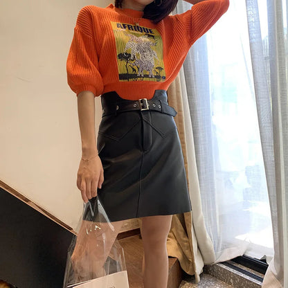 Autumn New Aline Small Leather Sheepskin Skirt Belt High Waist Shorts Leather Skirtsfemale Black Outfit