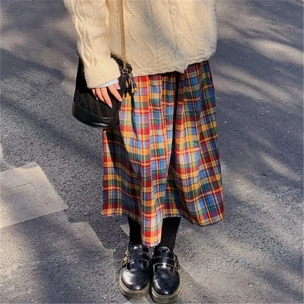 Japanese Rainbow High Waist Aline Wool Plaid Skirt Female Students Preppy Style Wild Midi Skirt Autumn Long Skirt