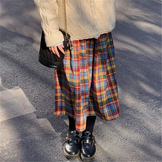 Japanese Rainbow High Waist Aline Wool Plaid Skirt Female Students Preppy Style Wild Midi Skirt Autumn Long Skirt