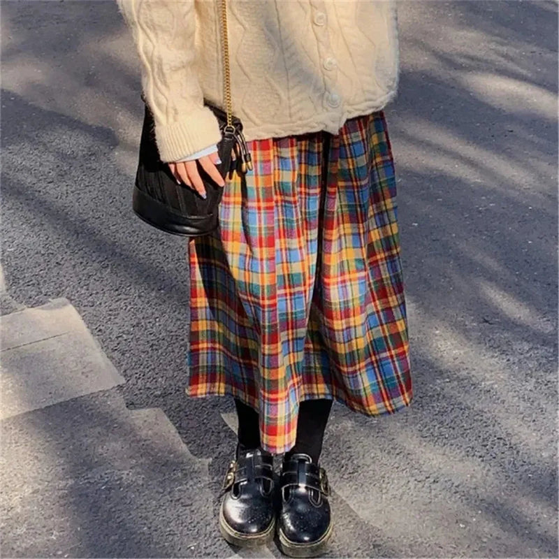 Japanese Rainbow High Waist Aline Wool Plaid Skirt Female Students Preppy Style Wild Midi Skirt Autumn Long Skirt