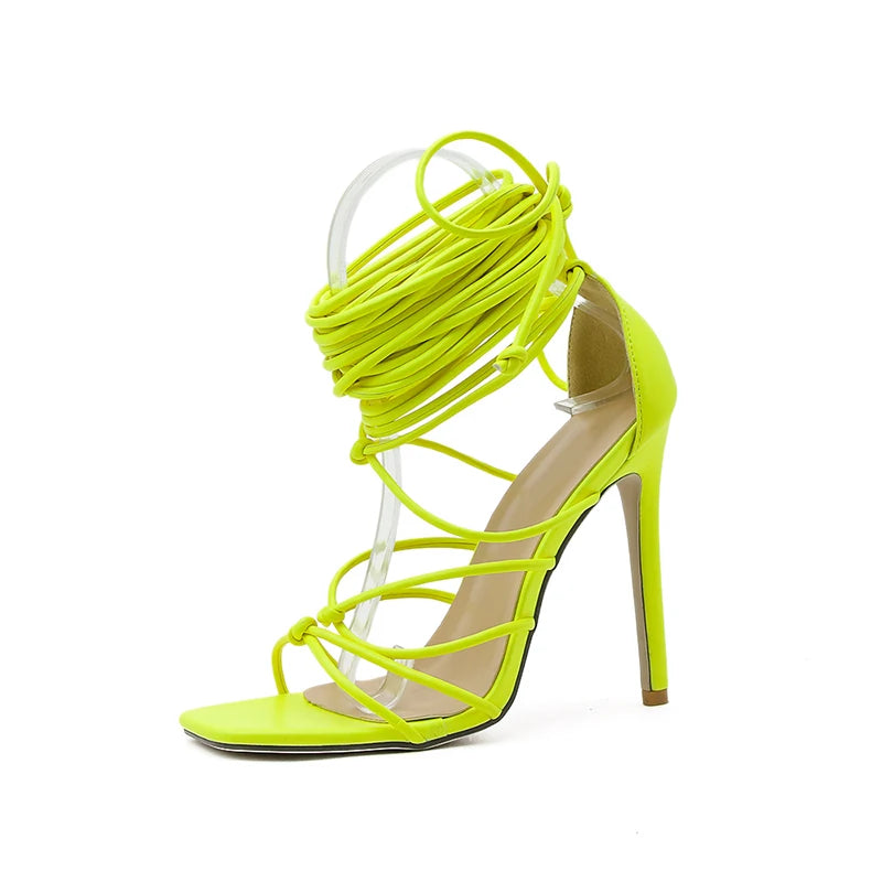 New Gladiator Knee High Sandals Open Toe Lace Up Cross Strappy Sandals High Heels Shoes