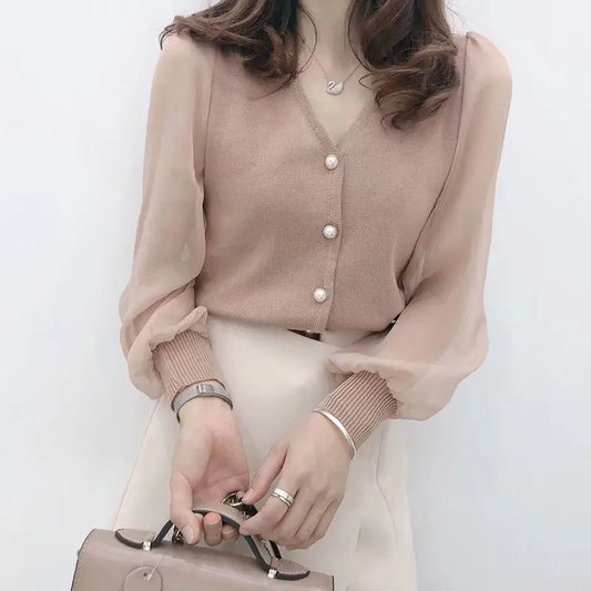 ’s Spring Autumn Style Blouses Shirt ’s Knitted Button Long Sleeve Color Lace Patchwork Tops Sp820