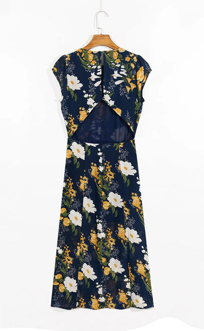 Summer Backless Midi Dress Print Split Dress Holiday Lady Beach Party Vestidos