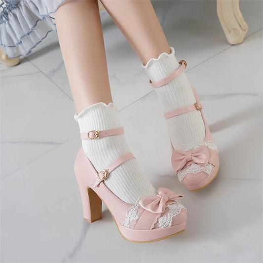 Woman Lolita Style Buckle Shoes Platform Block High Heels Pumps Bow Round Toe Ankle Strap Lady Pumps Spring 3443 Pink