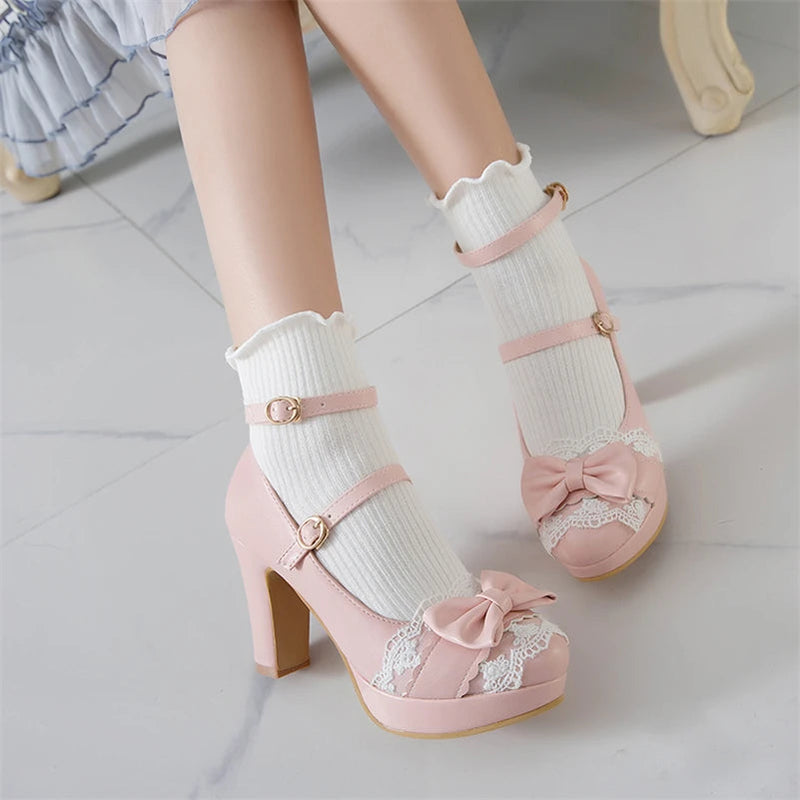 Woman Lolita Style Buckle Shoes Platform Block High Heels Pumps Bow Round Toe Ankle Strap Lady Pumps Spring 3443 Pink