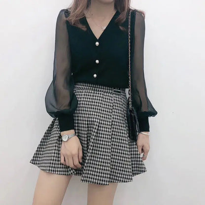 ’s Spring Autumn Style Blouses Shirt ’s Knitted Button Long Sleeve Color Lace Patchwork Tops Sp820