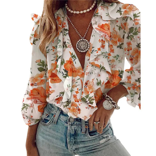 Long Sleeve Blouse V-neck Shirt Office Blouses Woman Clothes Ruffles Shirts