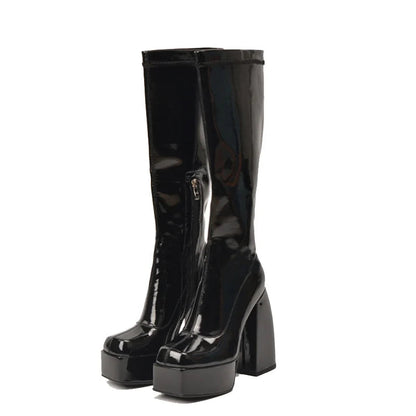 Elastic Kneehigh Boots Chunky Platform High Heels Boots Black Zipper Punk Shoes Winter Botas De Mujer