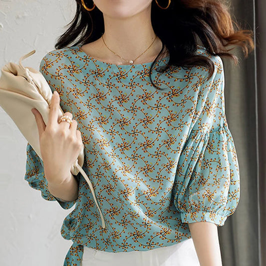 ’s Spring Summer Style Chiffon Blouses Shirt ’s Half Sleeve Printed O-neck Tops Sp224
