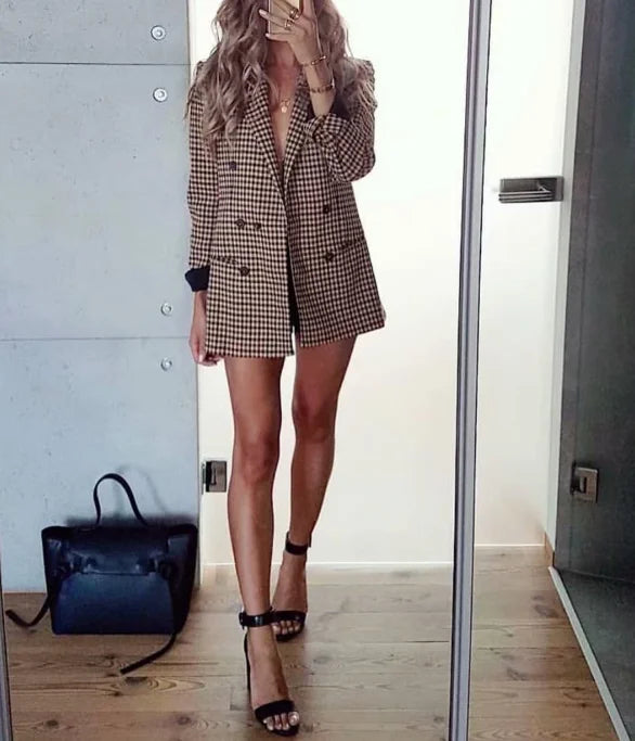 Fall Blazer Jacket Tops Office Wear Korean Plaid Blazer Orange Long Blazer Coat