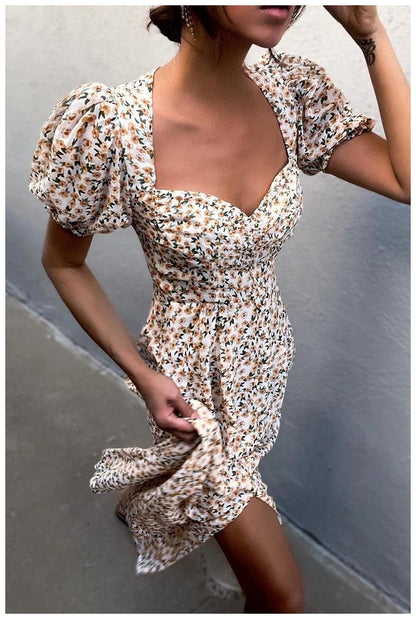 Midi Dress Print Split Blue Sundress Party Beach Dress