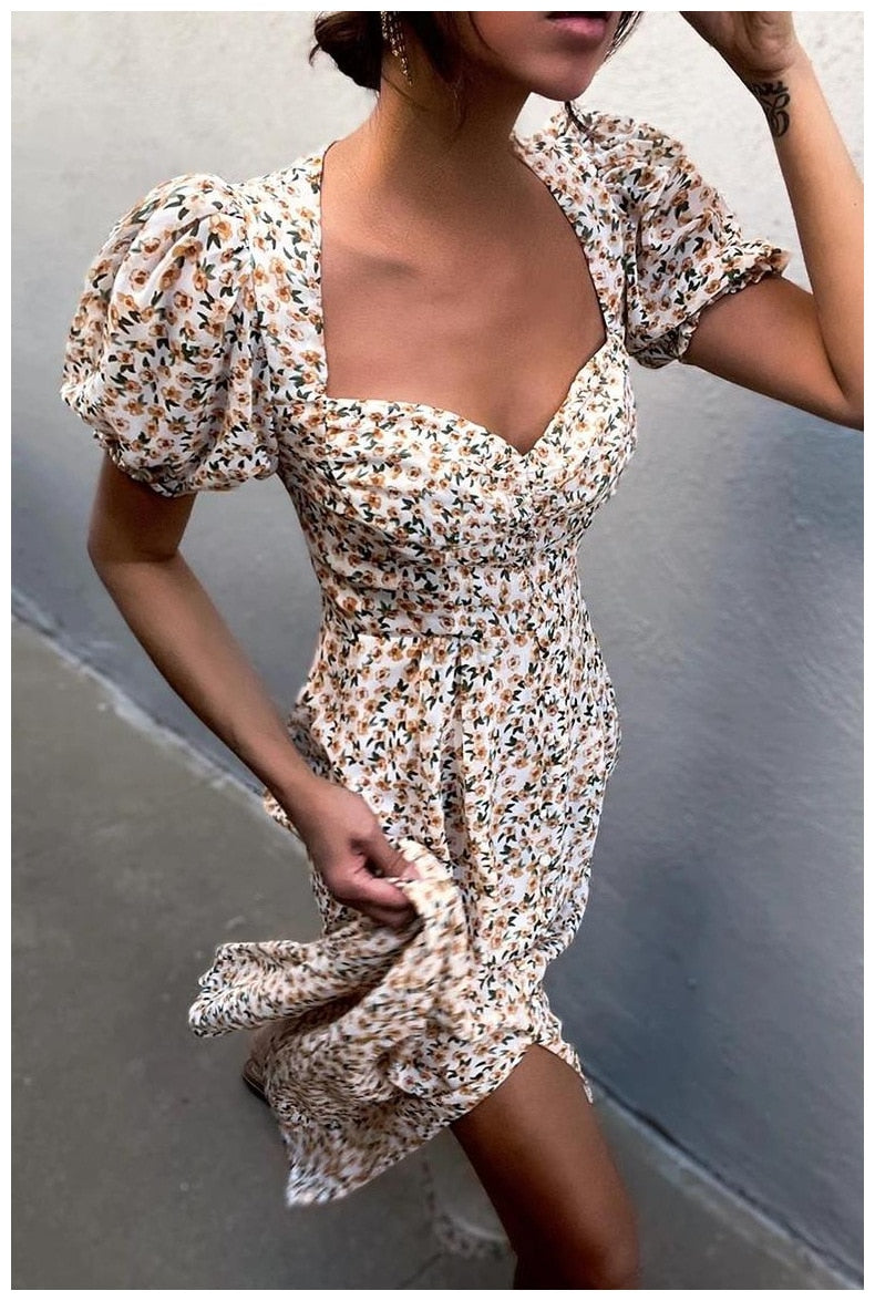 Midi Dress Print Split Blue Sundress Party Beach Dress