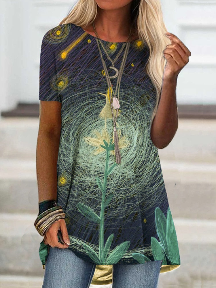 Digital Printed Blouse Short Sleeve Loose Shirt Lady Pullover Shirt