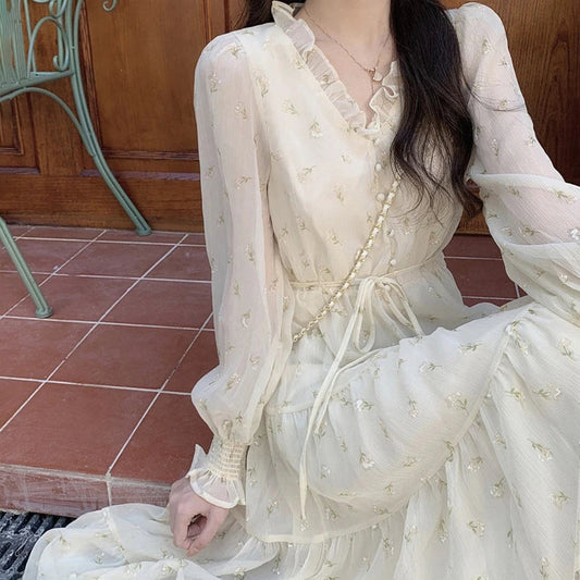 Lace Dress Chiffon Gentle Korean French Vneck Retro Niche Dresses Temperamen Spring Autumn Midi Dress