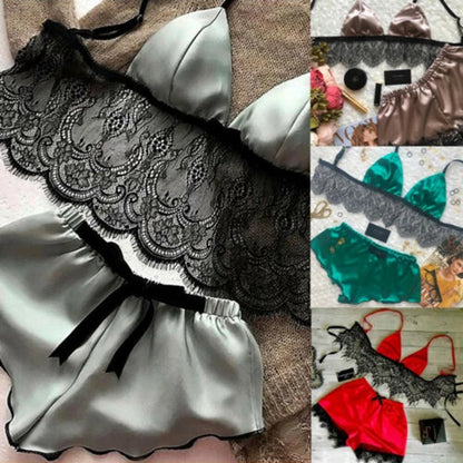 Pajamas Sleepwear Lace Bra Silk Satin Lingerie Crop Tops Bra+shorts Sets V-neck Sleeveless Seamless Nightwear 2pcs