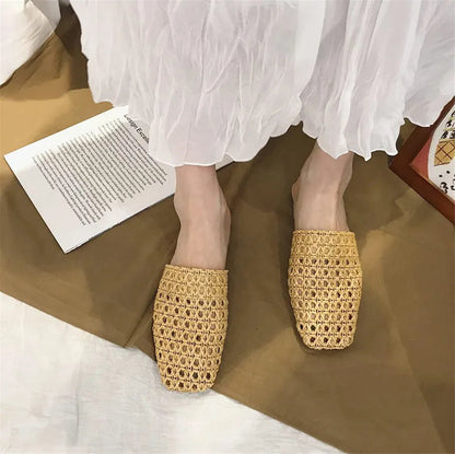 Shoes Slippers Soft Slides Slipers Cover Toe Low Loafers Fretwork Heels Comfort Flat Basic Fabric Rubber Cane Pu