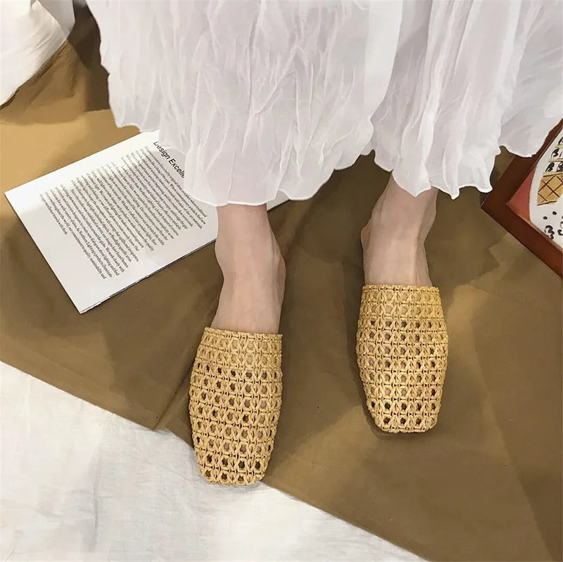 Shoes Slippers Soft Slides Slipers Cover Toe Low Loafers Fretwork Heels Comfort Flat Basic Fabric Rubber Cane Pu