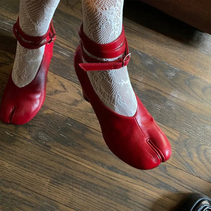 New Spring Split Toe Pumps Chunky Round Ankle Strap Buckle High Heels Red Leather Brand Design Winter Shoes