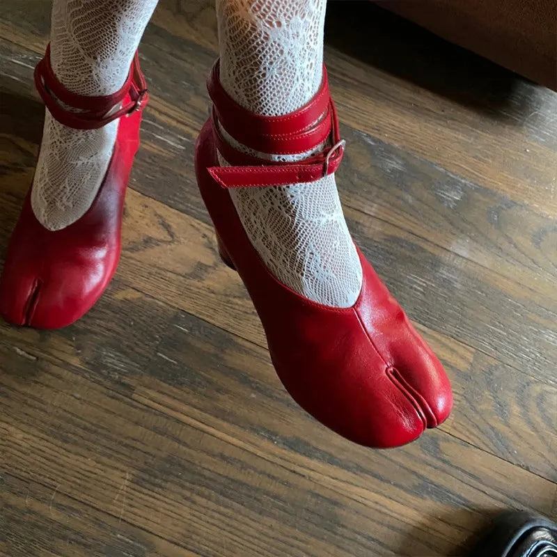 New Spring Split Toe Pumps Chunky Round Ankle Strap Buckle High Heels Red Leather Brand Design Winter Shoes