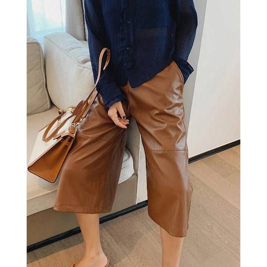 Leather Wide Leg Pants Spring and Autumn New Sheepskin Loose Versatile Foot Pants Seven Drape Pants