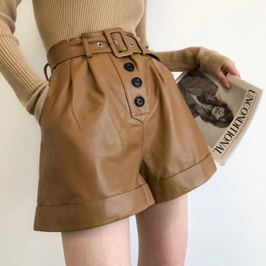 Spring and Autumn New Cotton Sheepskin High Waist Slim Belt Ruffled Genuine Leather Wide Leg Pants Outside Wearing Shorts
