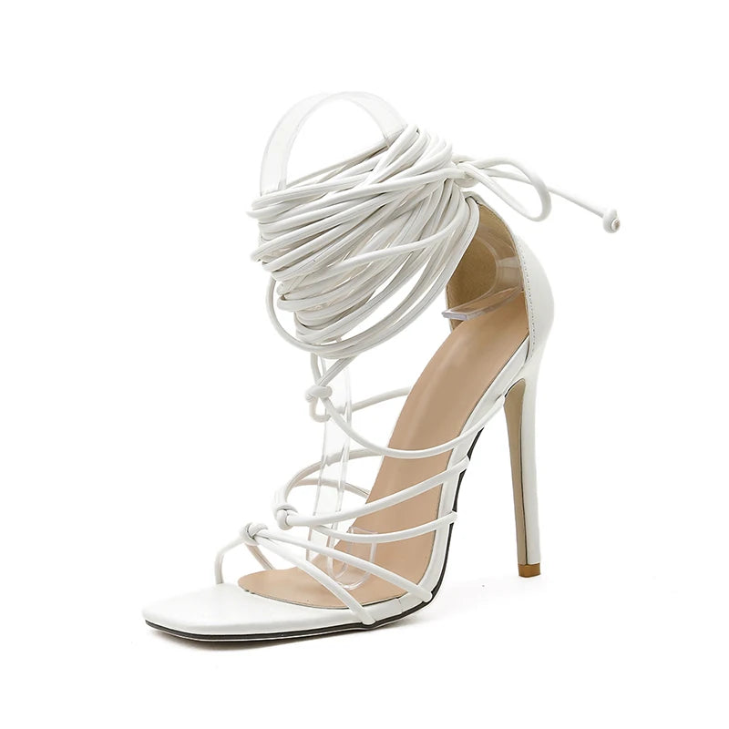 New Gladiator Knee High Sandals Open Toe Lace Up Cross Strappy Sandals High Heels Shoes