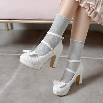 Woman Lolita Style Buckle Shoes Platform Block High Heels Pumps Bow Round Toe Ankle Strap Lady Pumps Spring 3443 Pink