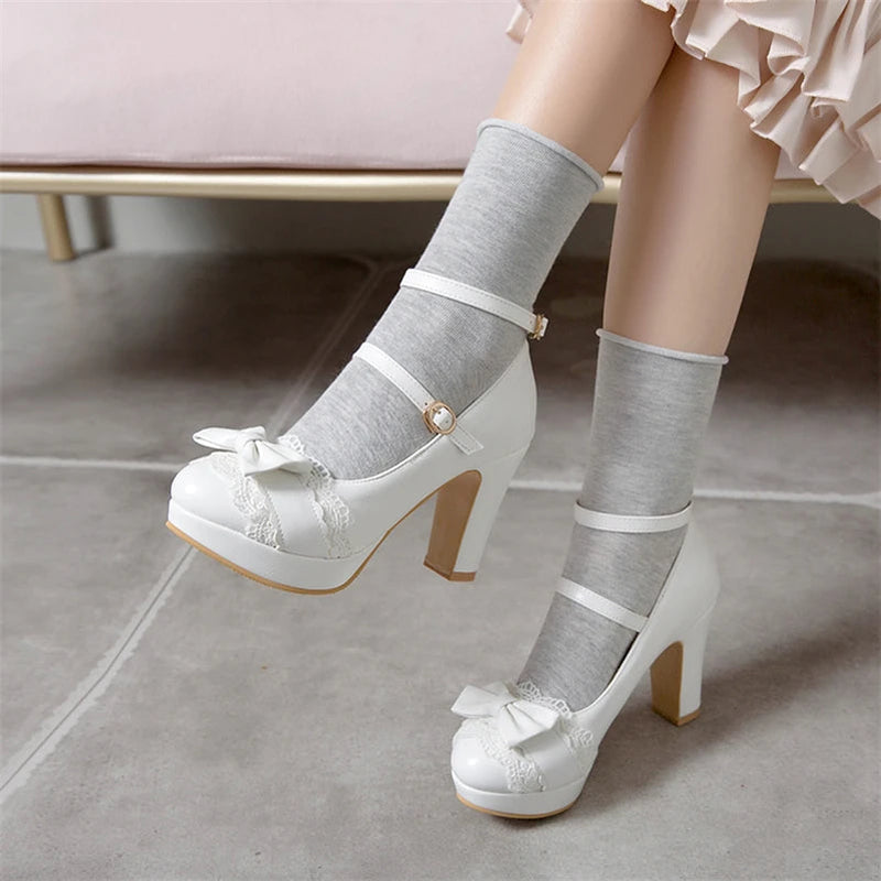 Woman Lolita Style Buckle Shoes Platform Block High Heels Pumps Bow Round Toe Ankle Strap Lady Pumps Spring 3443 Pink