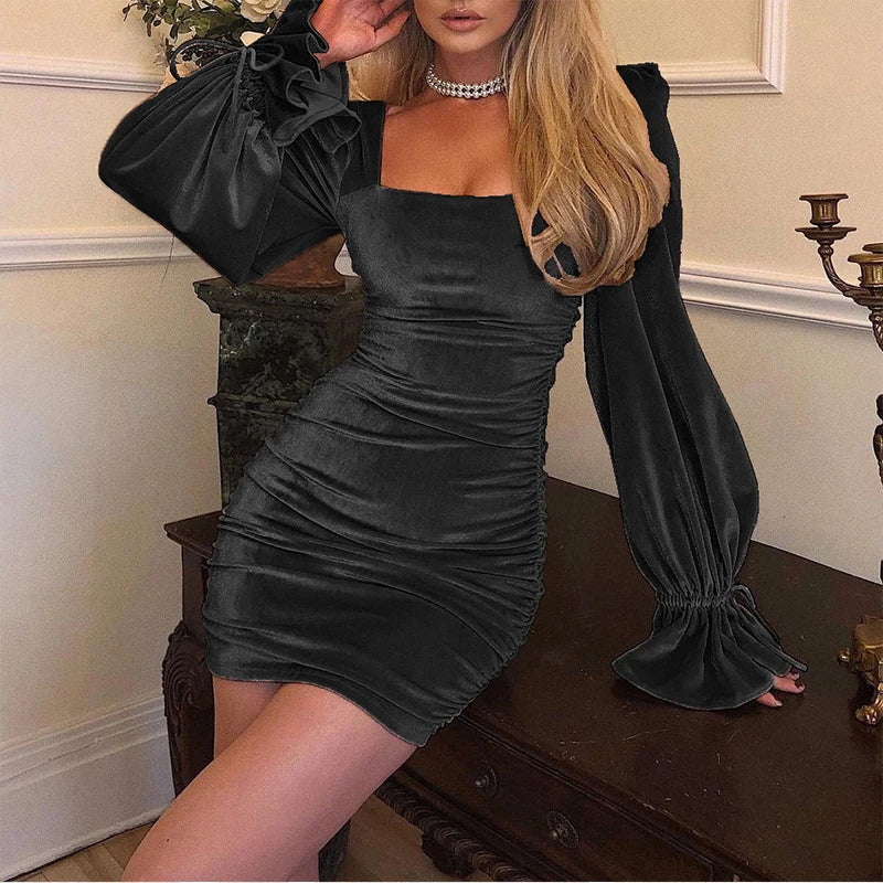 Slash Neck Velvet Hip Wrap Dress Flared Sleeve Mini Dress Autumn Winter Office Pleated Dresses