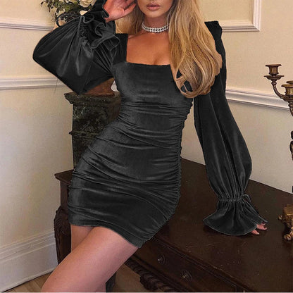Slash Neck Velvet Hip Wrap Dress Flared Sleeve Mini Dress Autumn Winter Office Pleated Dresses