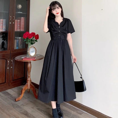 Kylethomasw Summer Newblack Slim Dresses for Vneck French Sweet Long Dress M4xl Loose Short Sleeve Dress Vestido