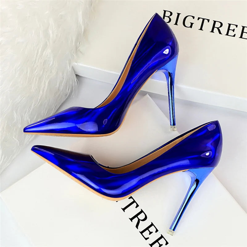 10.5cm High Heels Blue Green Valentine Pumps Glossy Stripper Stiletto Wedding Bridal Fetish Shoes 43