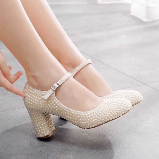 Crystal Queen Platform High Heels Mary Janes White Lolita Style Pumps Party Beige Pearl Wedding Shoes 7cm