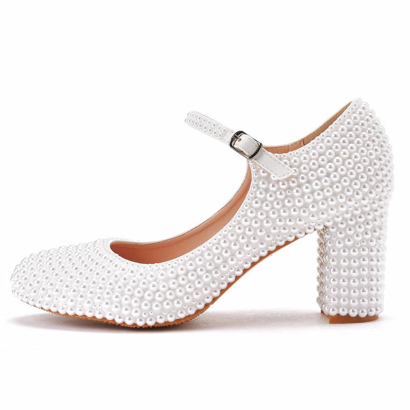 Crystal Queen Platform High Heels Mary Janes White Lolita Style Pumps Party Beige Pearl Wedding Shoes 7cm