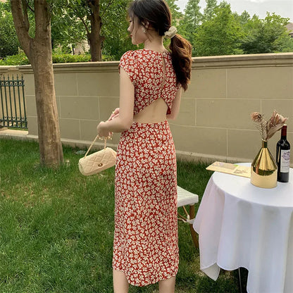 Summer Backless Midi Dress Print Split Dress Holiday Lady Beach Party Vestidos
