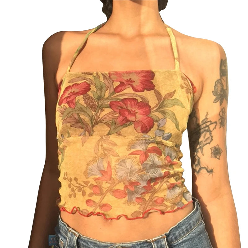 Y2k Mesh Sheer T-shirt E-girl 90s Halter Tops Sleeveless Slim Fit Crop Top Harajuku