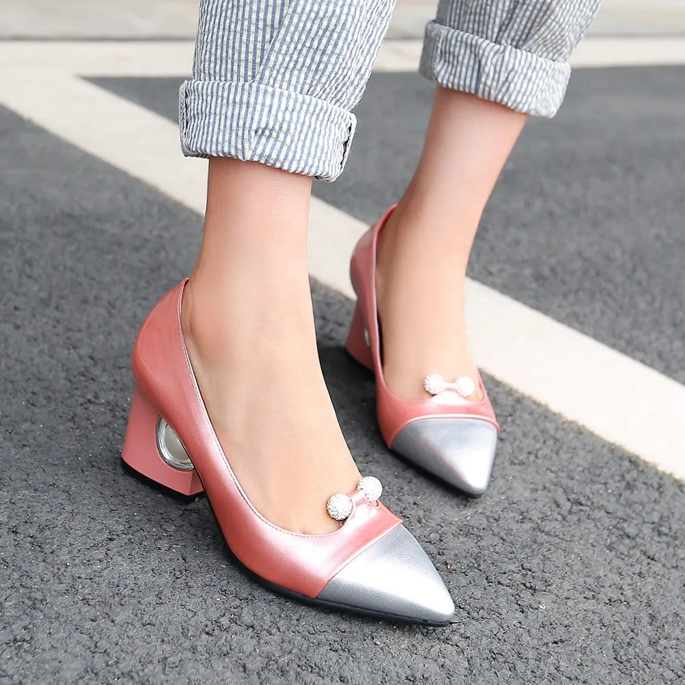 Pumps Designer Pearl High Heels Patchwork Pointed Toe Party Fall Shoes New White Red Large Size 45