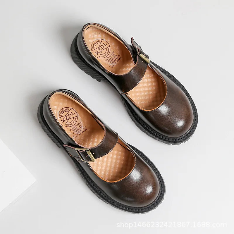 Thicksoled English Leather Shoes Spring New Mary Jane Round Toe Retro Single Shoes Genuine Leather