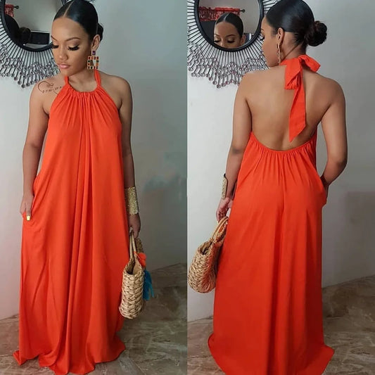 Long Dress Sleeveless Halter Neck Beach Evening Party Dress Maxi Long Dress