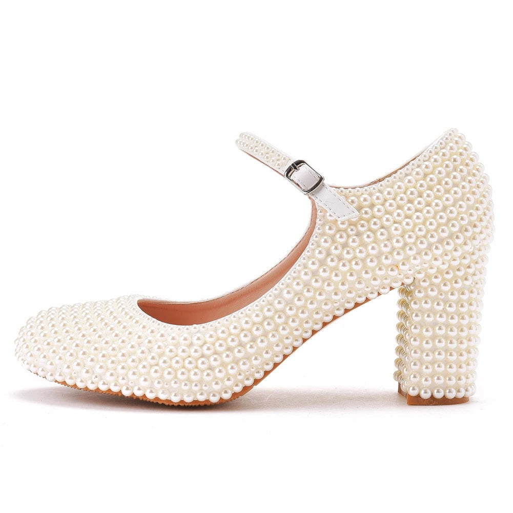 Crystal Queen Platform High Heels Mary Janes White Lolita Style Pumps Party Beige Pearl Wedding Shoes 7cm