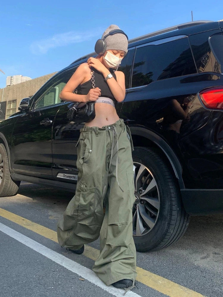 Army Green Low Rise Parachute Cyber Y2k Joggers Pant