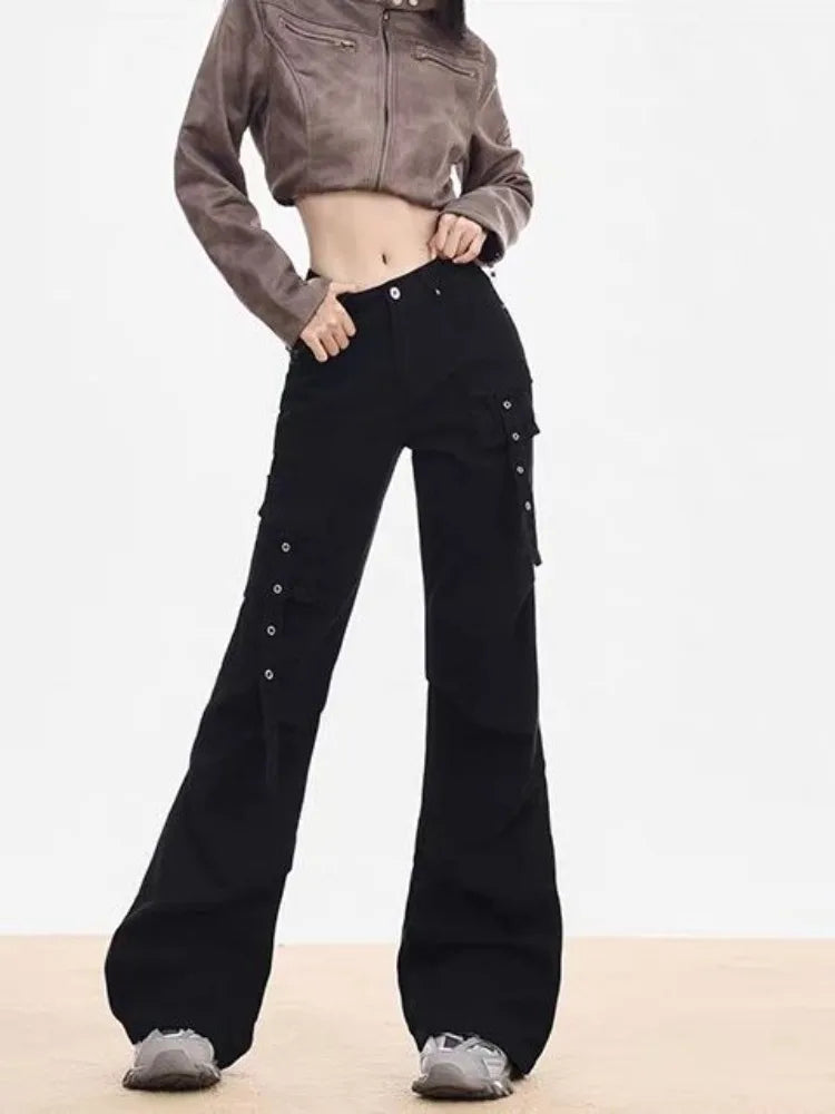 Cyber Punk Black Flare Cargo Y2k Gothic Wide Leg Baggy Harajuku Pant