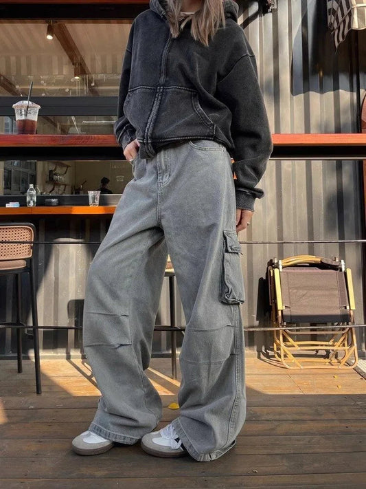 Grunge Gray Cargo Y2k Oversize Baggy Denim Wide Leg Harajuku Pant
