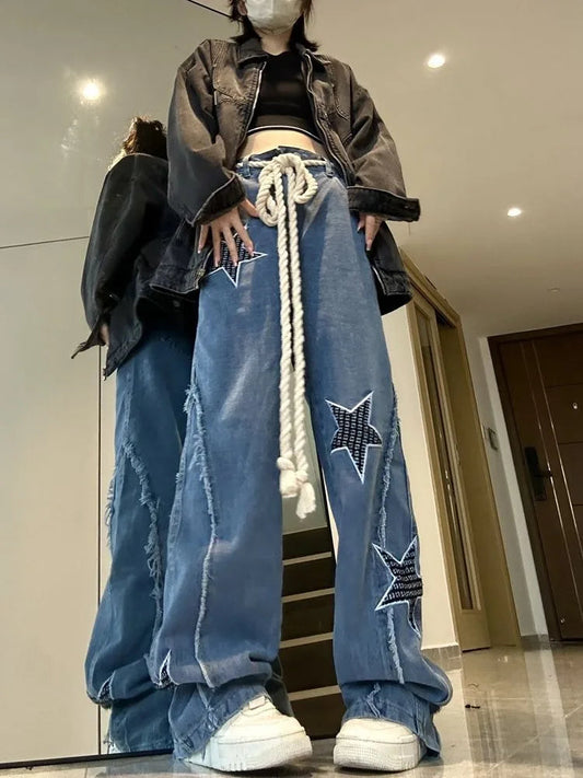 Grunge Hippie Star Baggy Distressed Patchwork Wide Leg Pants