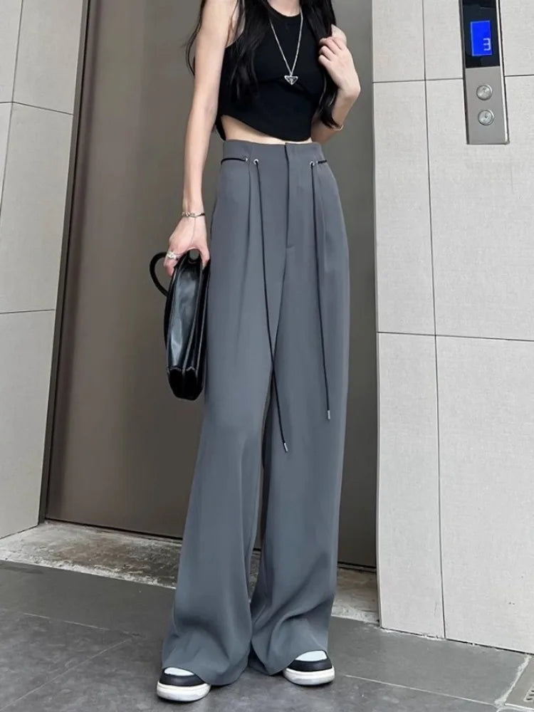 Harajuku Office Lady Basic Grey Wide Leg High Waist Pant