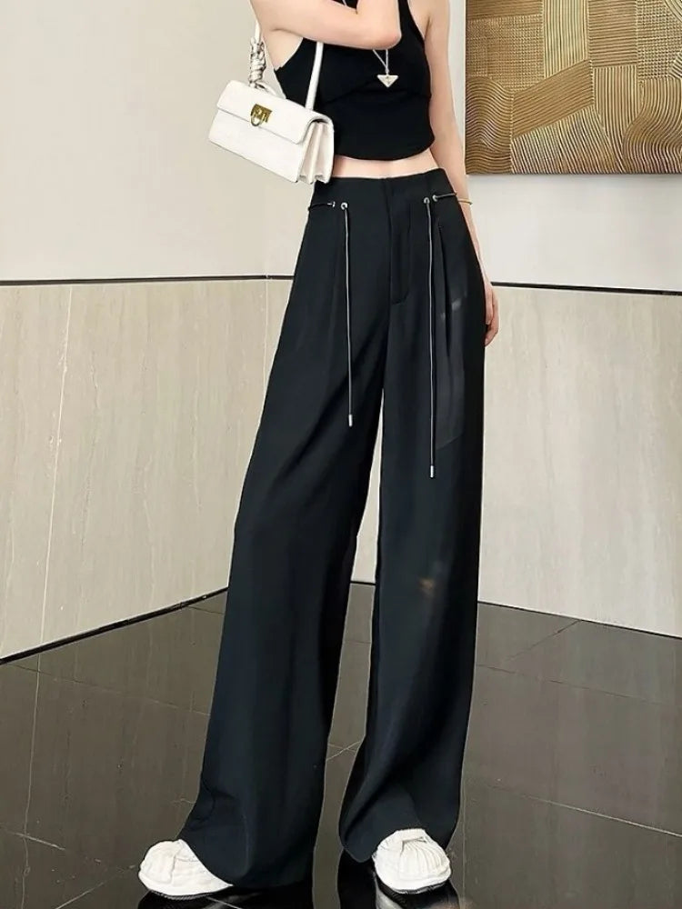 Harajuku Office Lady Basic Grey Wide Leg High Waist Pant