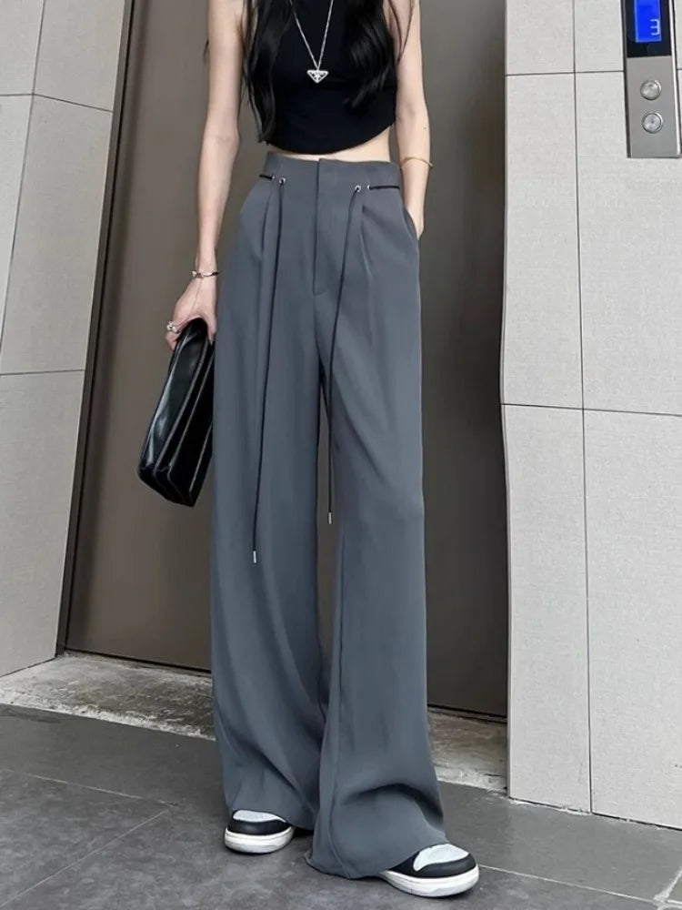 Harajuku Office Lady Basic Grey Wide Leg High Waist Pant